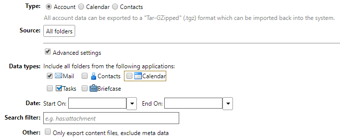 zimbra import export menu