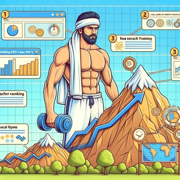 Cartoon muscular personal trainer holding a dumbbell while standing next to a mountain
