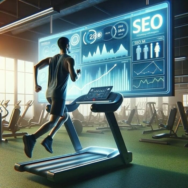 Personal trainer running on a treadmill in front of an SEO dashboard